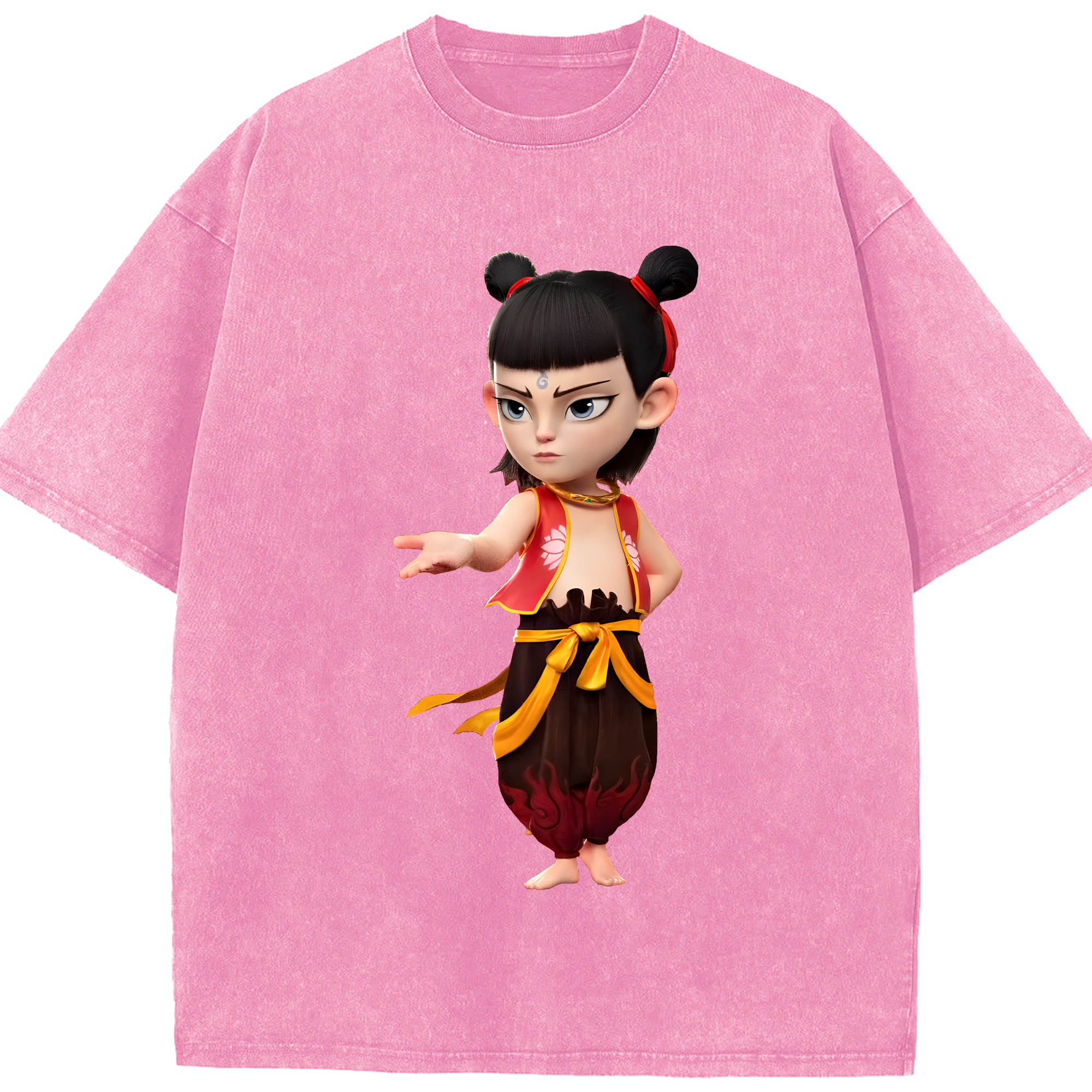 （画像用） Ne Zha 2 ナタ 魔童の大暴れ 綿100% ヴィンテージ風 半袖Tシャツ（フロントプリント）